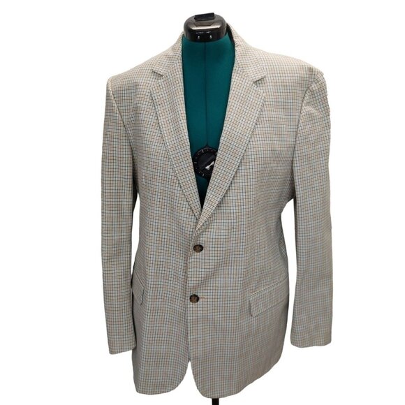 Michael Kors Mens Tan Plaid Blazer 44R 2-Button Cotton Jacket - Picture 1 of 13